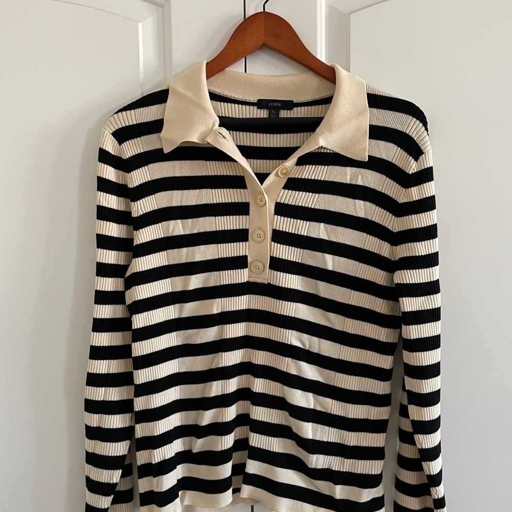 J. Crew Black and Cream Striped Collared Ribbed Sweater